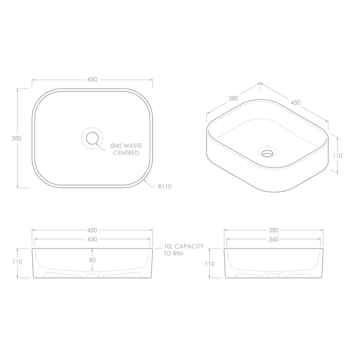 Louie Curved Corner Basin 450x380mm