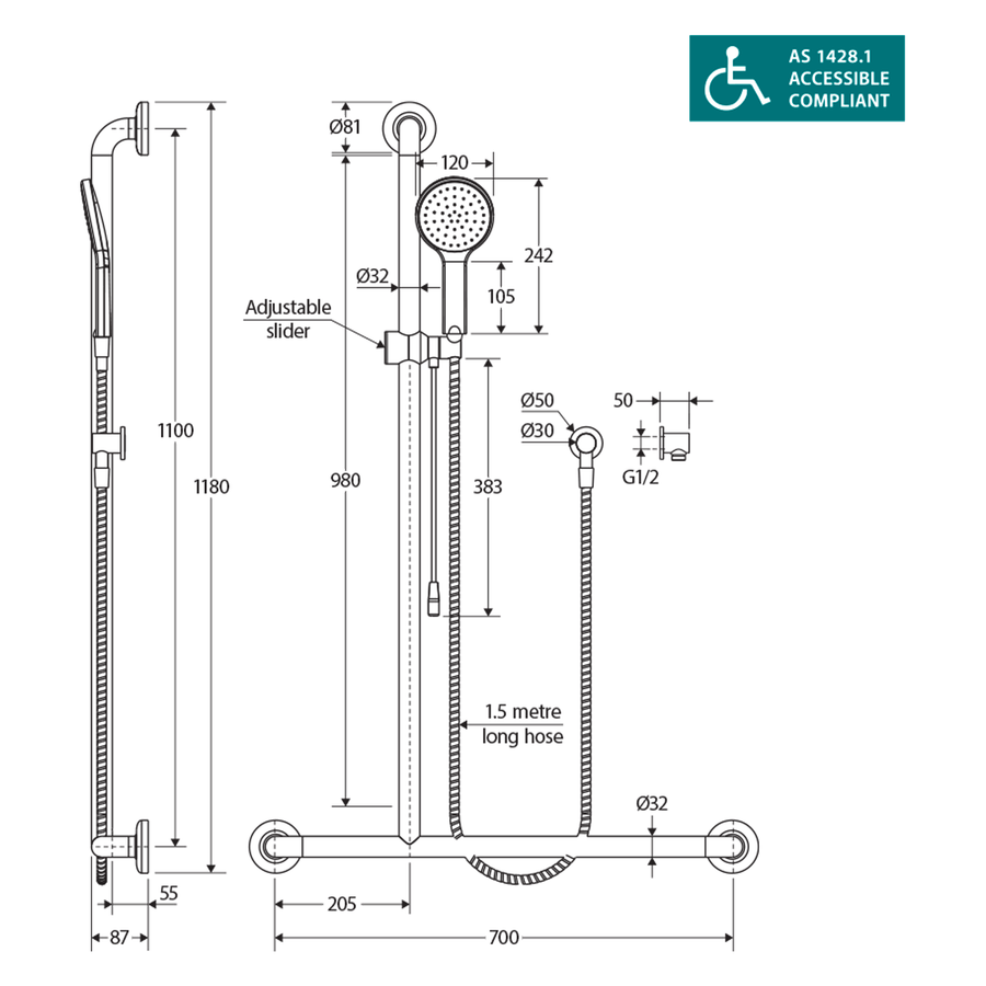 Luciana Care DDA Shower Rail with Grab Bar – Sunlight Bathrooms