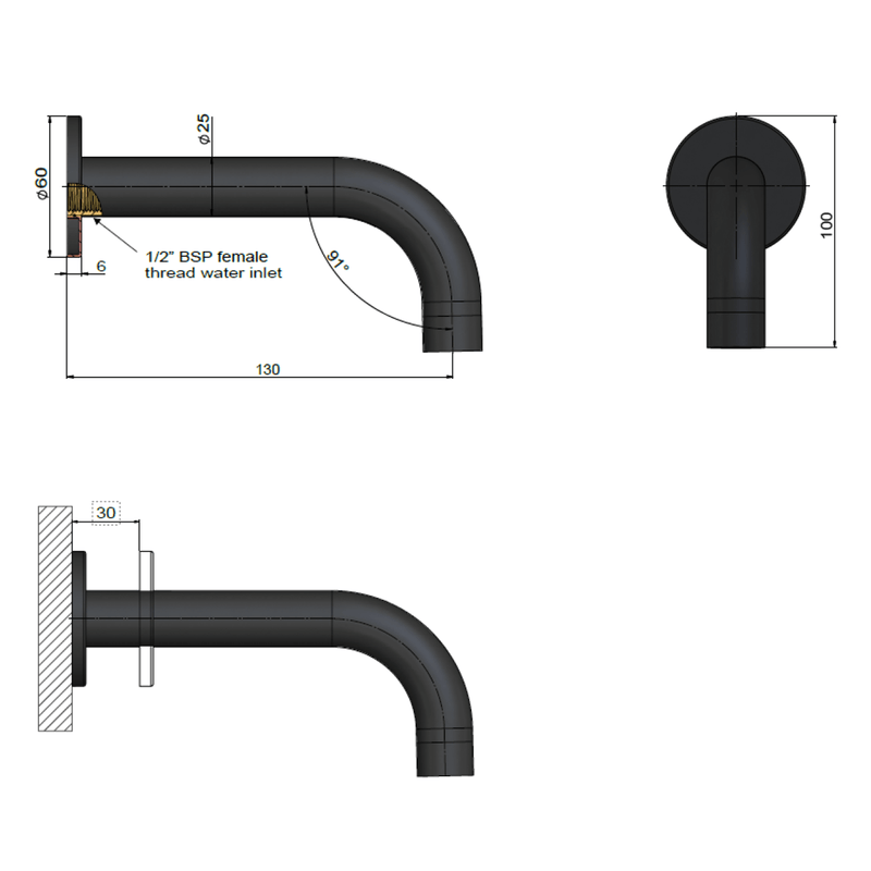 Meir Mini Curved Wall Spout 130mm