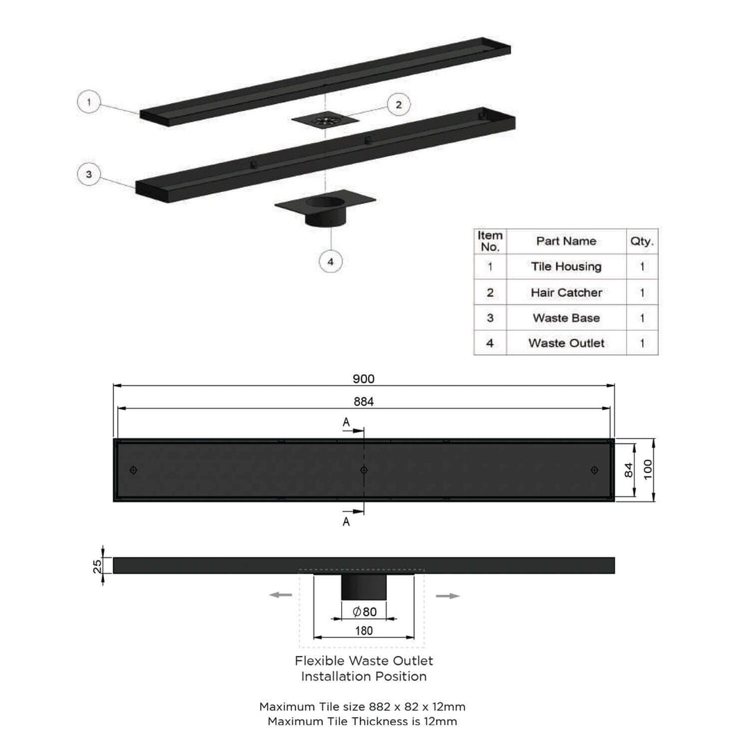 Meir Tile Insert Shower Grate 900mm