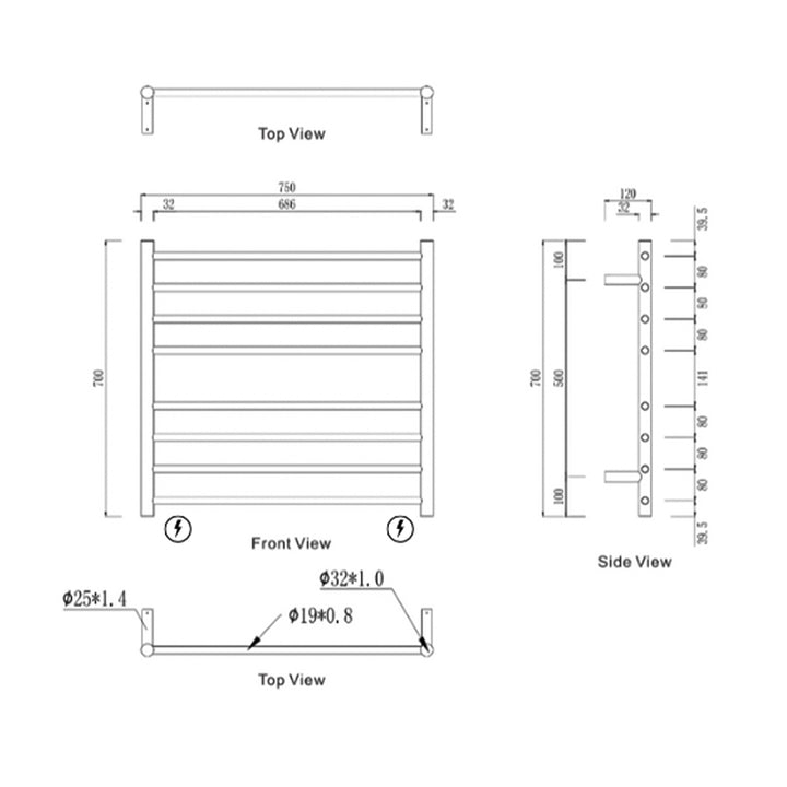 Mirage 8 Bar Wide Heated Towel Rail 750x700mm