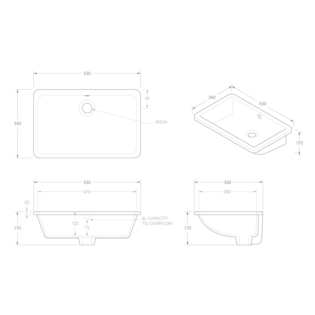Nesa Undermount Rectangular Ceramic Basin 530x340mm