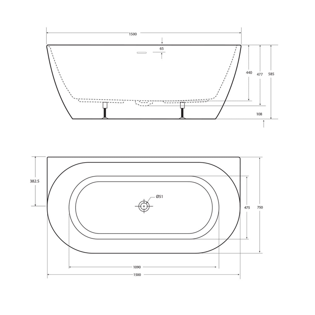 Positano Back to Wall Curved Bathtub 1660mm