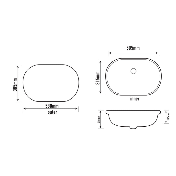Positano Oval Undermount Ceramic Basin 580x385mm