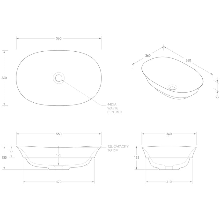 Rise Inset Oval Cast Marble Basin 560x360mm