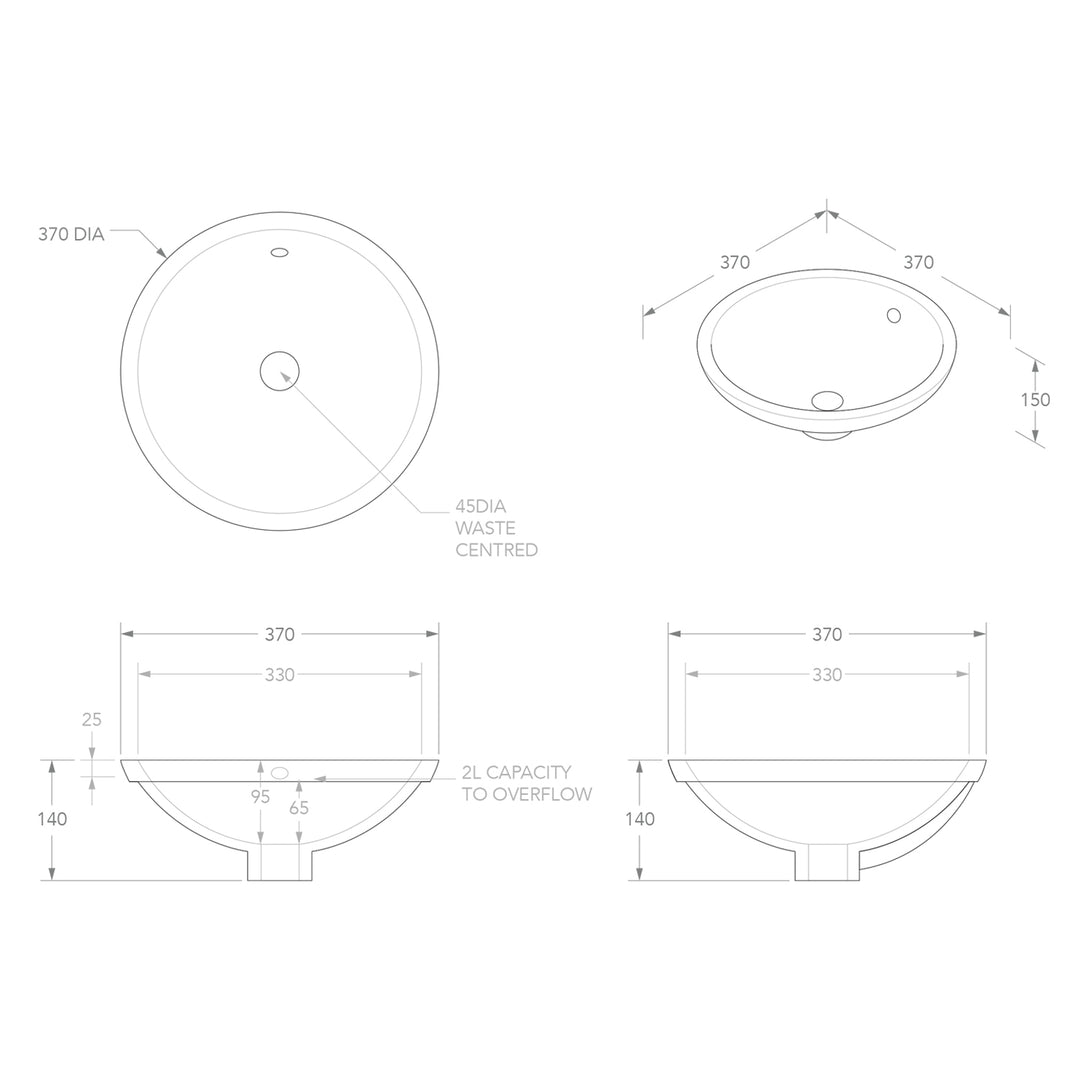 Round Undermount Ceramic Basin 370mm