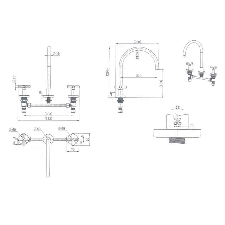 Ryker Cross Handle Sink Assembly Tap Set
