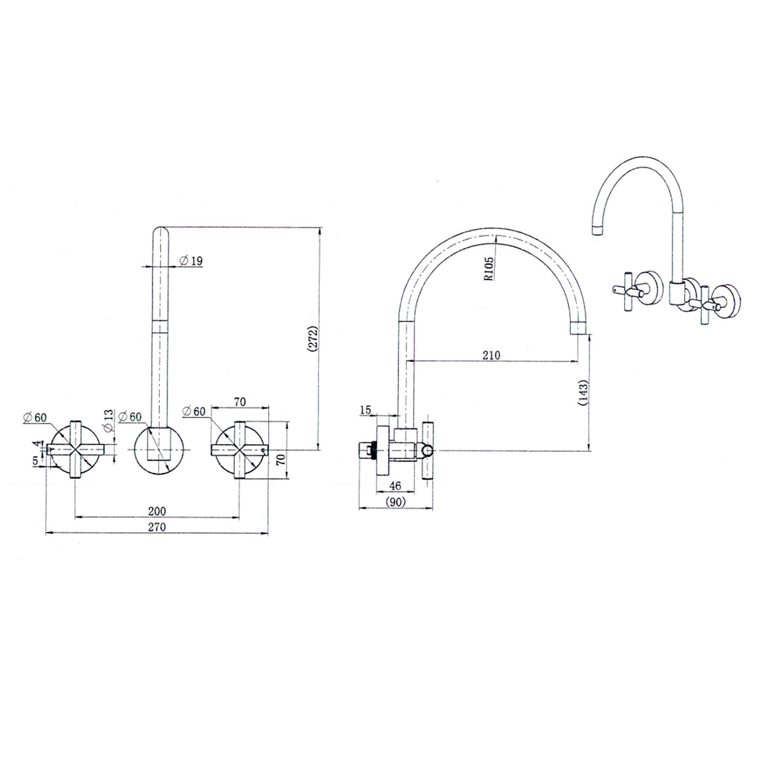 Ryker Cross Handle Wall Assembly Tap Set