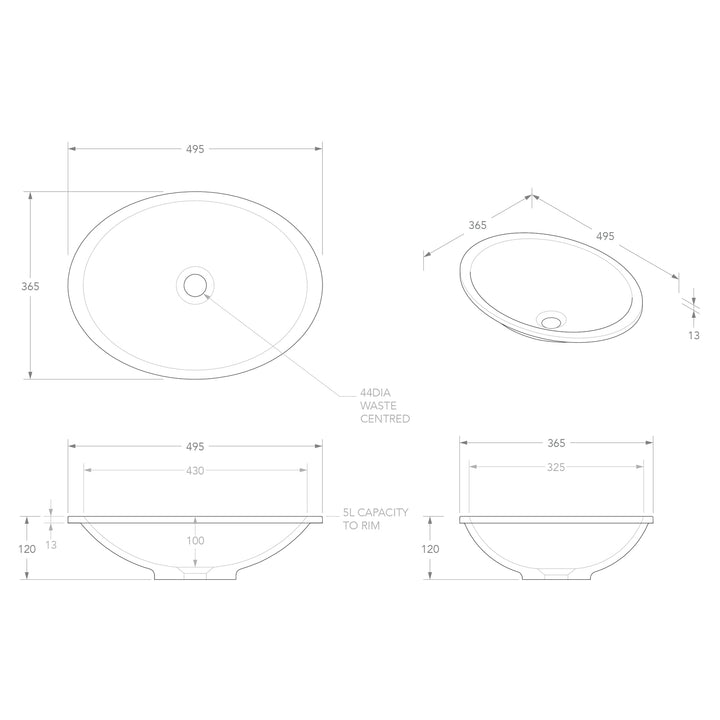 Sincerity Undermount Oval Solid Surface Basin 495x365mm