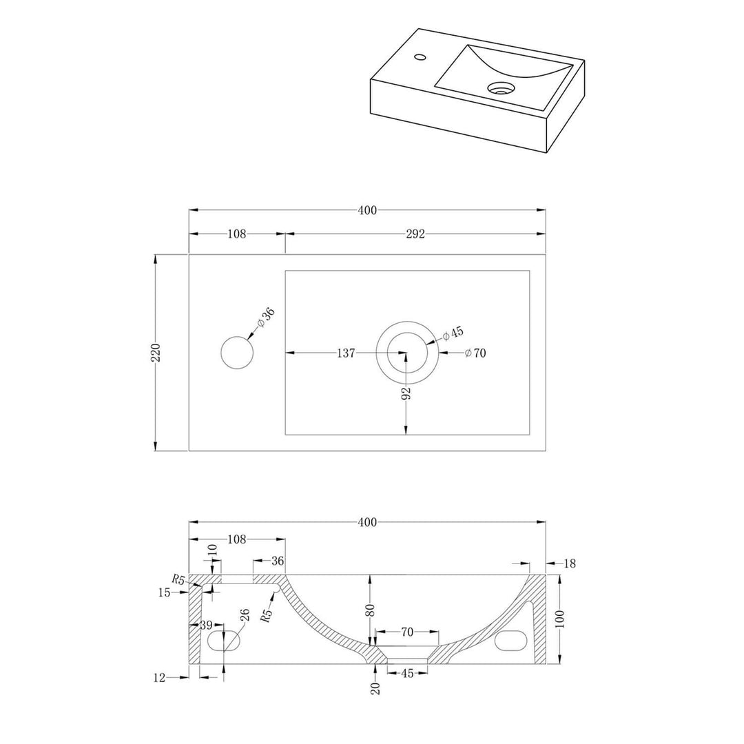 Spoleto Concrete Basin with Taphole 400x220mm