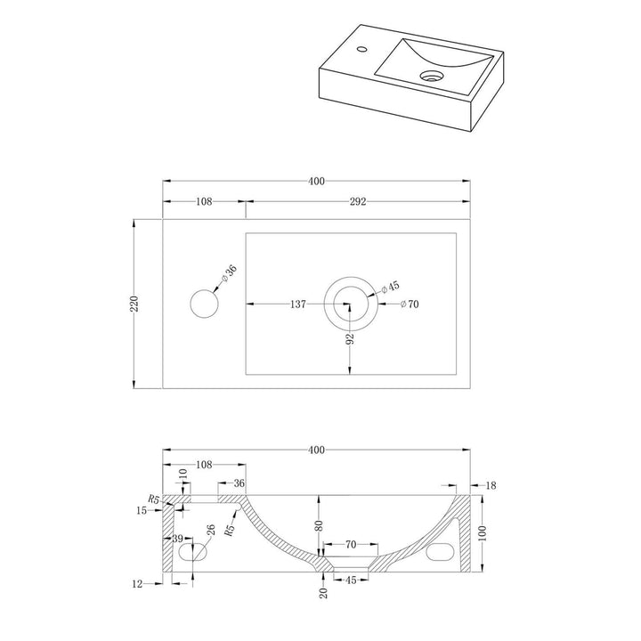Spoleto Concrete Basin with Taphole 400x220mm