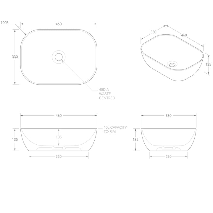 Stadium Curved Rectangular Ceramic Basin 460x330mm