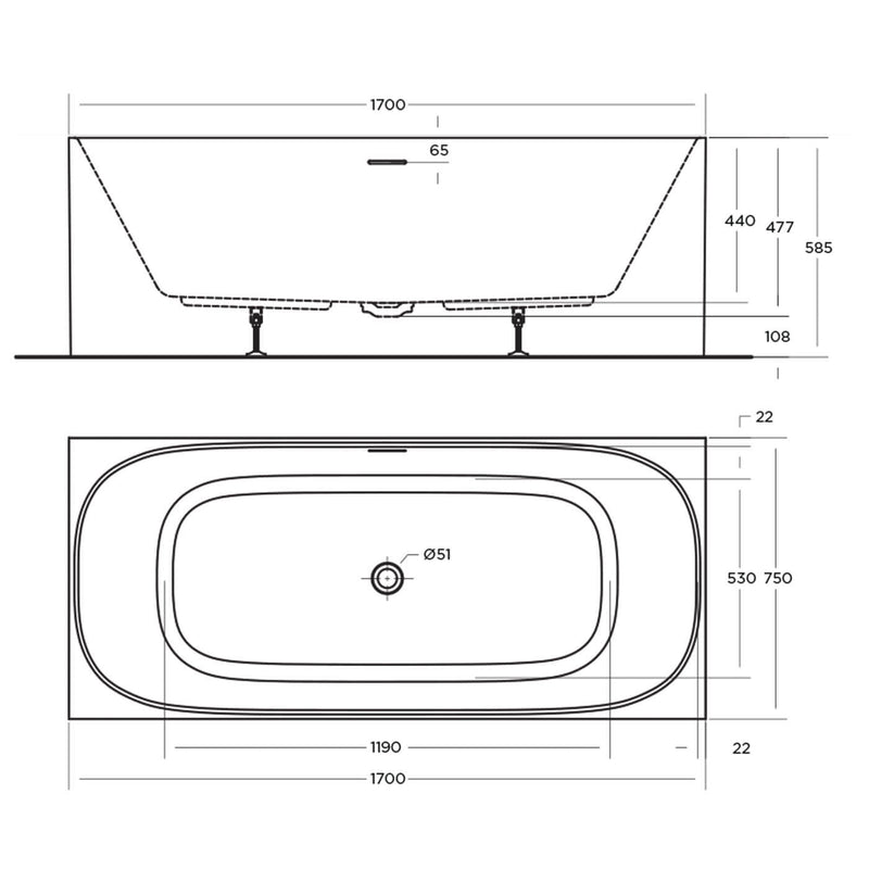 Studio Square Freestanding Overflow Bathtub Gloss White 1400-1700mm