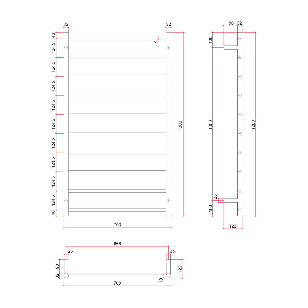 Thermorail 10 Bar 240V Heated Towel Rack 700x1200mm