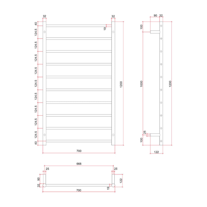 Thermorail 10 Bar 240V Heated Towel Rack 700x1200mm