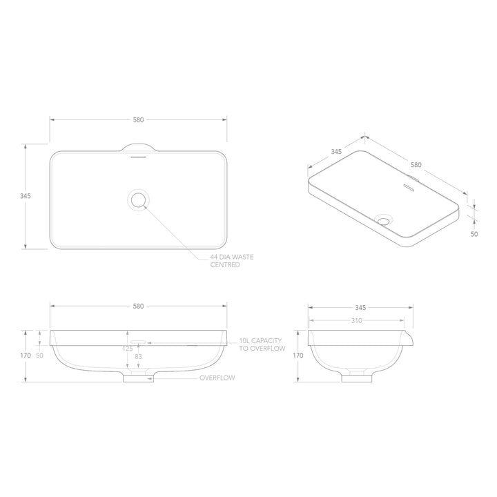 Zeya Inset Rectangular Solid Surface 580x346mm
