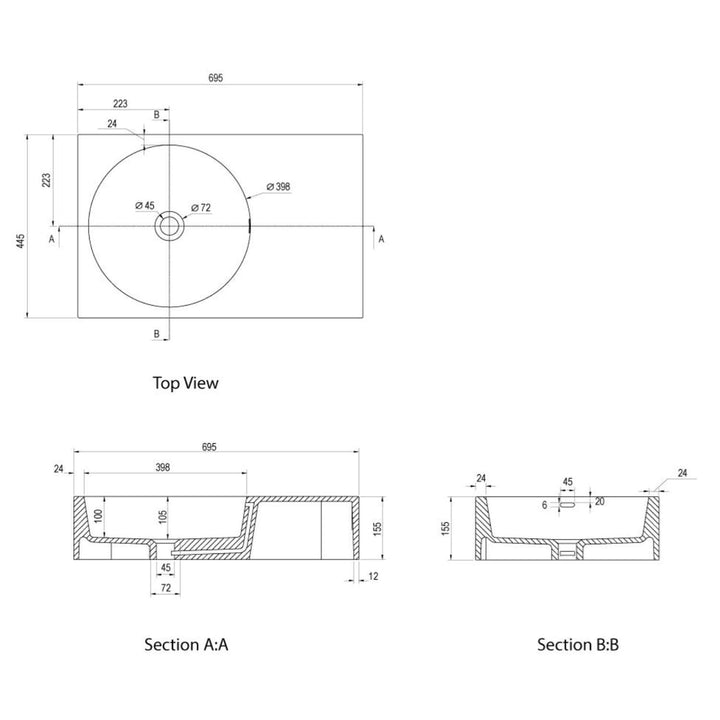 Coco Solid Surface Wall Hung Basin 695mm