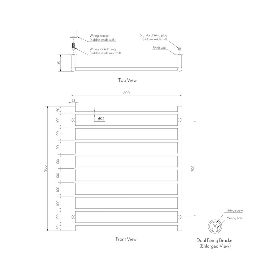 Elysian 9-Bar Heated Towel Rack 800x900mm