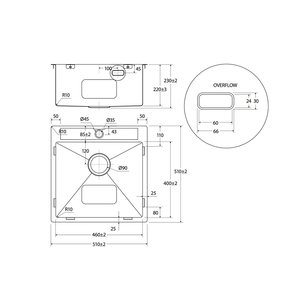 Hana Single Bowl Sink with Overflow 1 Tap Hole