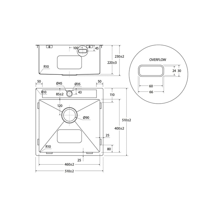 Hana Single Bowl Sink with Overflow 1 Tap Hole