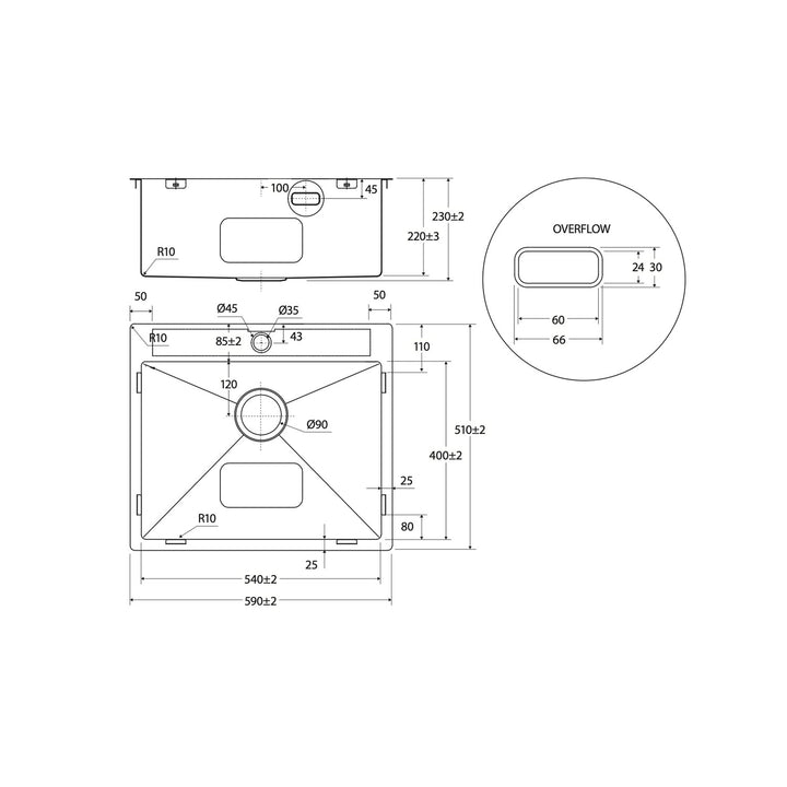 Hana Single Bowl Sink with Overflow 1 Tap Hole
