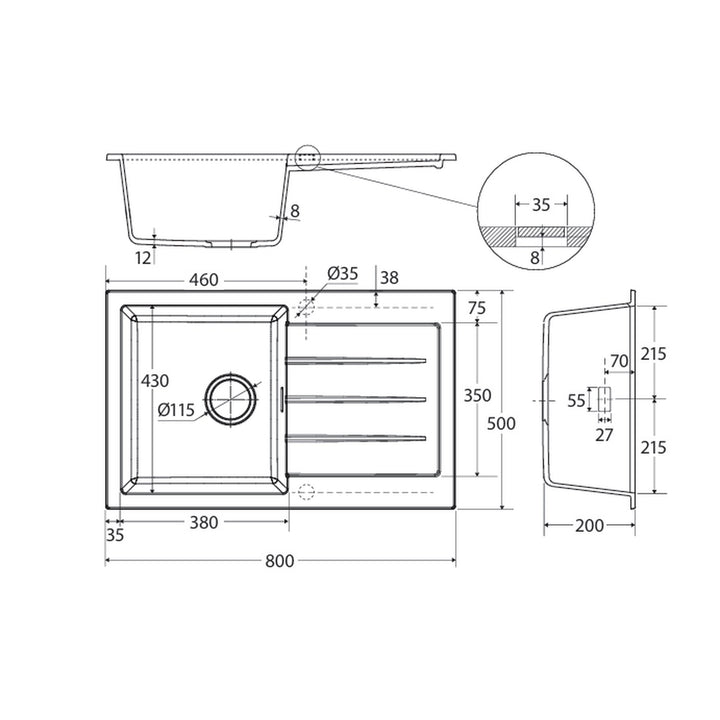 Kuro Granite Single Bowl Sink with Drainer 800x500mm