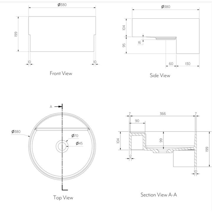 Vaya Semi Recessed Basin Round 380mm