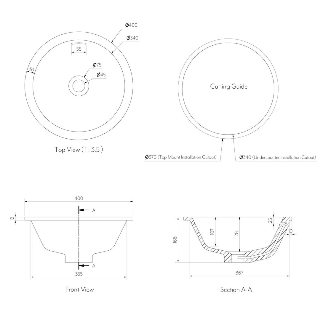 Zuri Undermount Round Basin Overflow 400mm
