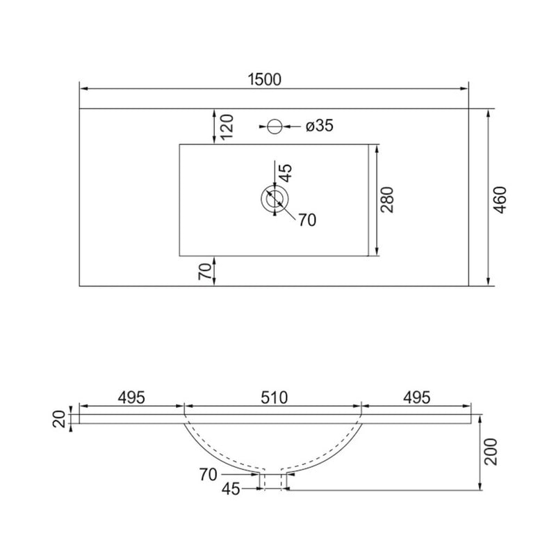 Ceramic Vanity Benchtop 460mm Sink (600-1500mm)