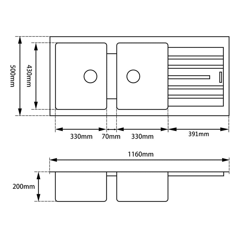 Arete Double Bowl Granite Sink with Drainer 1160x500x200mm