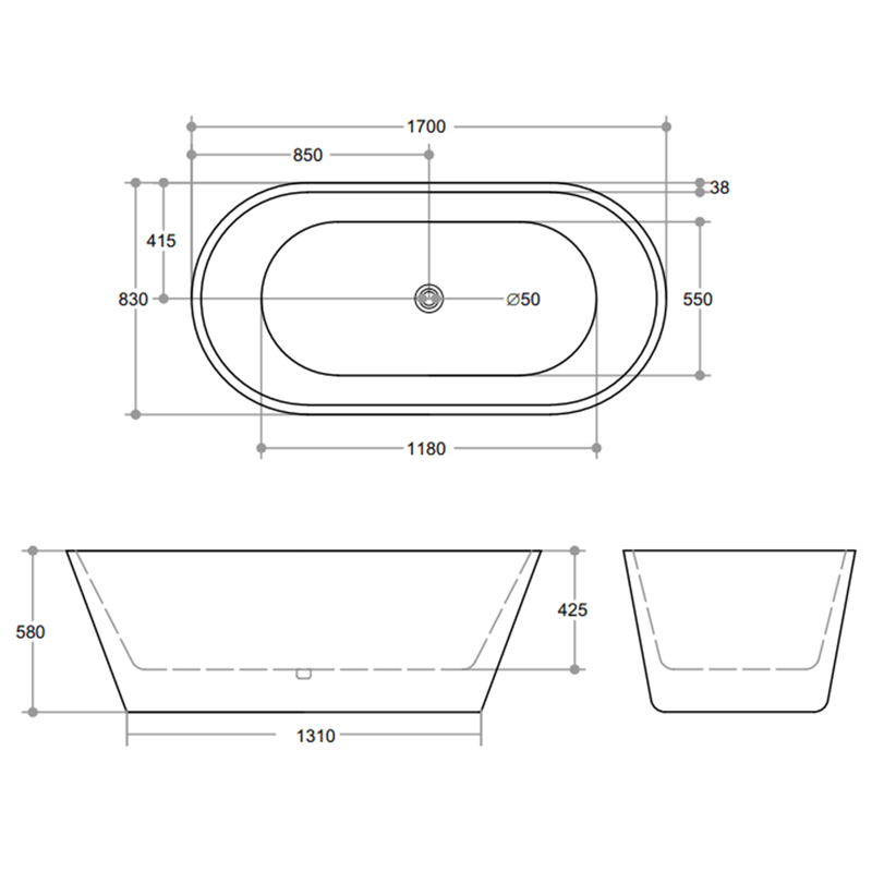 Opal Freestanding Oval Shaped Bathtub 1390-1700mm