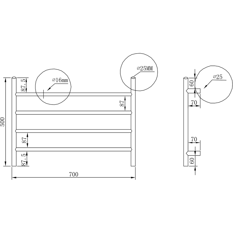Round Unheated 4 Bar Towel Rail Rack 700x500mm
