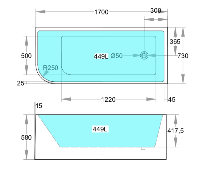 Stanford Corner Bathtub 1500-1700mm