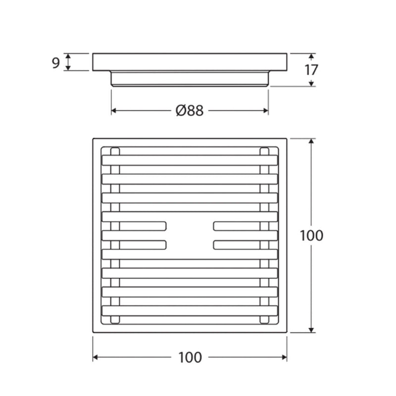 Square Brass Slim Floor Waste 88mm Outlet