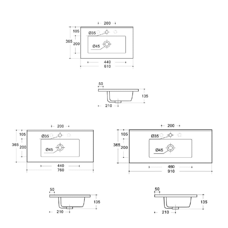 Slimline Vanity Ceramic Benchtop 360mm Sink (600-900mm)